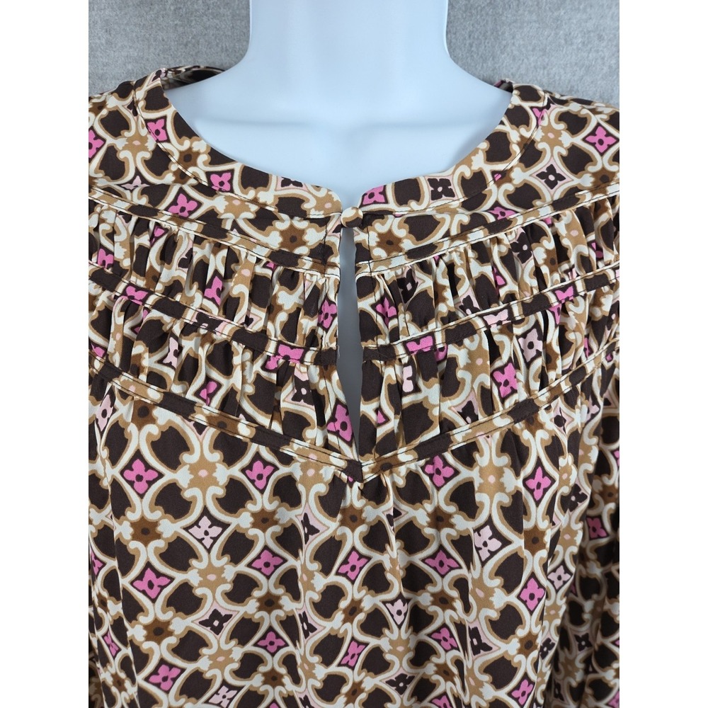 Loft Womens Blouse L Geo Print Old Money Pink Brown Keyhole Neck Ruched Career